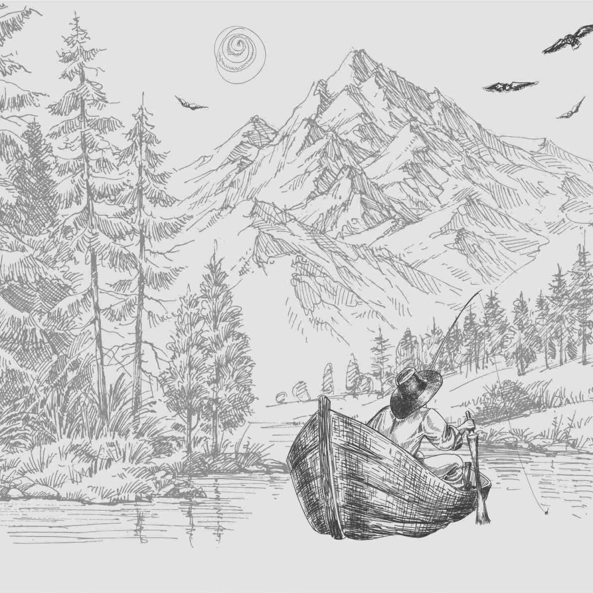 טפט אדם שט בסירה בנהר על רקע יער והרים