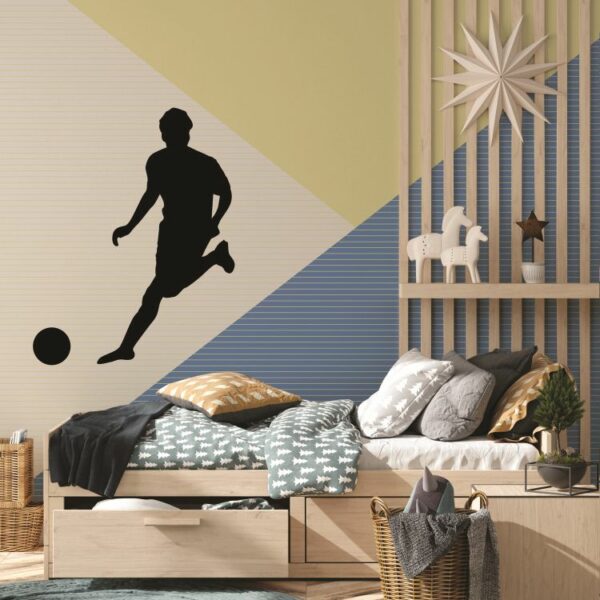 טפט חדר בנים גאומטרי בצבעים שונים שחקני כדורגל וכדורסל