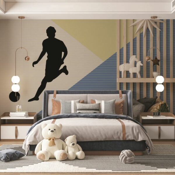 טפט חדר בנים גאומטרי בצבעים שונים שחקני כדורגל וכדורסל
