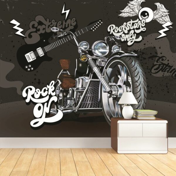 טפט חדר בנים אופנוע וגיטרה על רקע קיר בטון