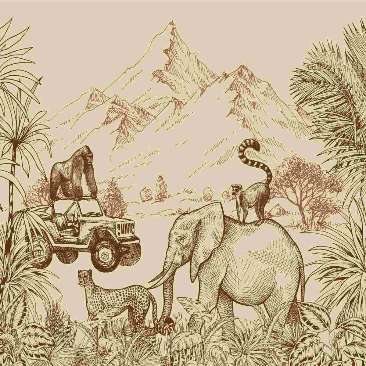 טפט גורילה על ג'יפ וקוף עומד על פיל על רקע הרים וצמחים