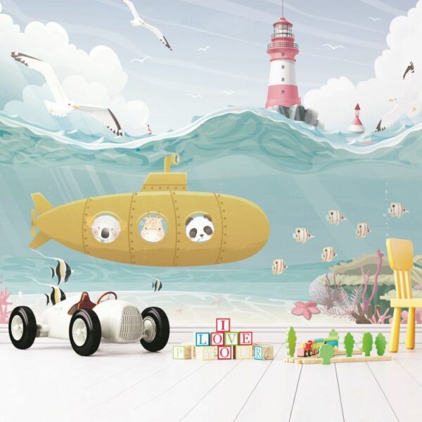 טפט חדר ילדים חיות בצוללת צהובה בים עם מגדל אור דגים ושחפים גרסת המעצבת