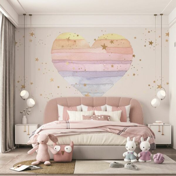 טפט חדר ילדים סגנון בוהו ציור לב עם פסים לרוחב בצבעים שונים וכוכבים