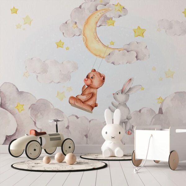 טפט חדר ילדים lullaby ארנב מנדנד דובי על ירח רקע עננים כוכבים