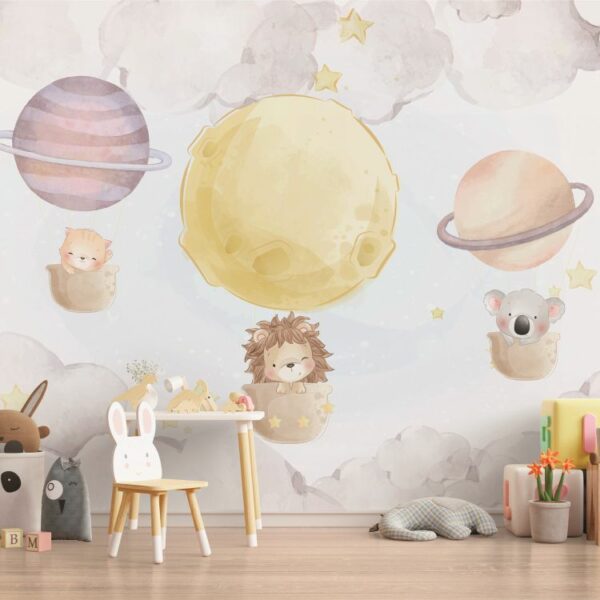 טפט חדר תינוקות lullaby גור חתולים, אריה וקואלה עפים בתוך ספלים הרתומים לכוכבים