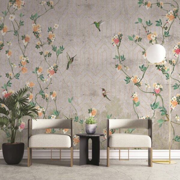 טפט פרחים ויונקי דבש על רקע קיר עם דוגמאות גאומטריות