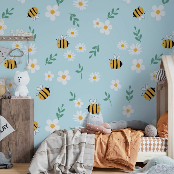 טפט לחדר ילדים כוורת הדבורים עם פרחים לבנים