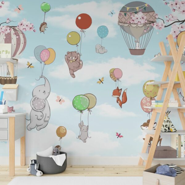 טפט לחדר ילדים חיות מעופפות עם בלונים וכדורים פורחים Painting style