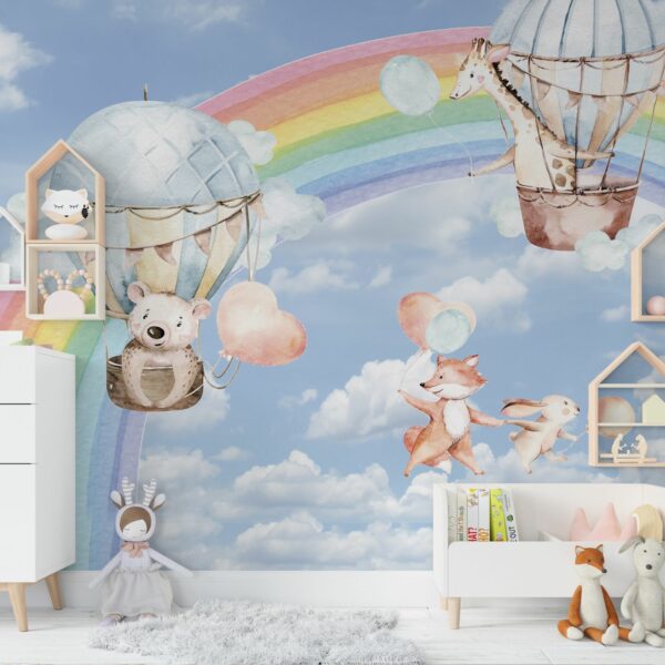 טפט לחדר ילדים קשת בענן חיות נהנות בכדור פורח Dream Style