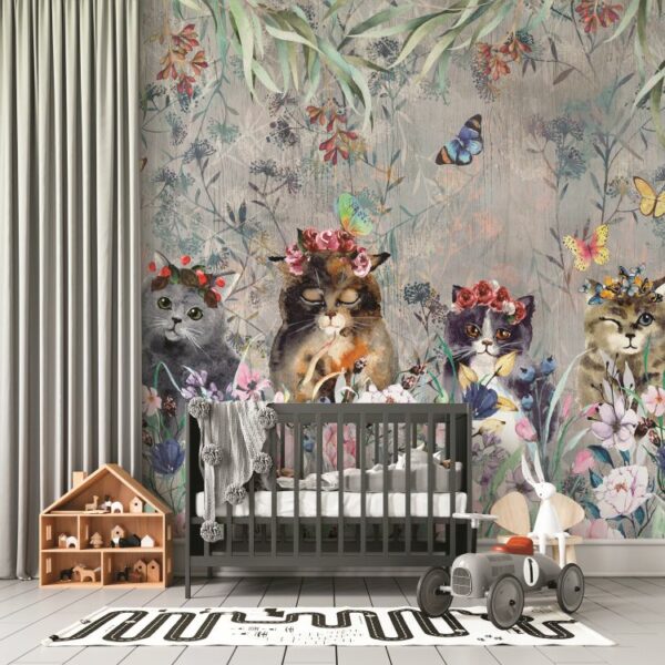 טפט חדרי תינוקות  ציור בצבעי מים, של חתולים, פרפרים ופרחים