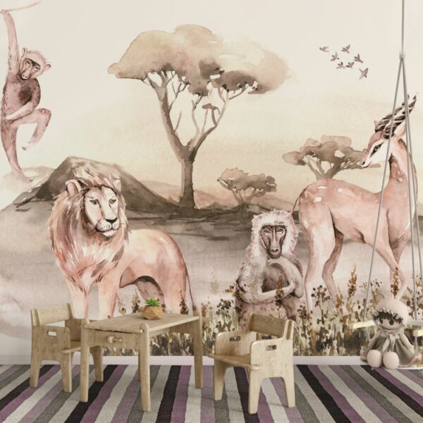טפט ציור בצבעי מים של חיות בסוואנה אריה וקופים