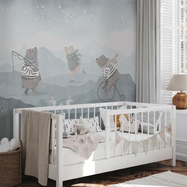 טפט חדר תינוקות דובים וארנבים בשלג