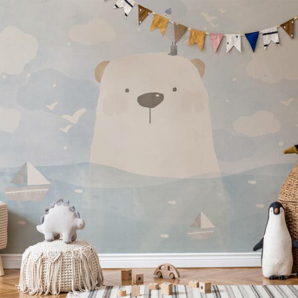 טפט חדר ילדים מצויר דובי לבן במים על רקע שמיים