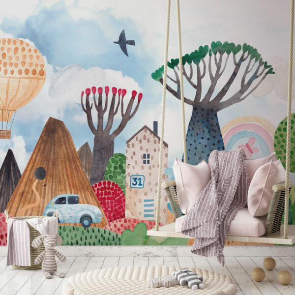 טפט חדר ילדים ציור של הרים ועצים צבעוניים, בית ורכב וכדור פורח, פרפרים וקשת בענן