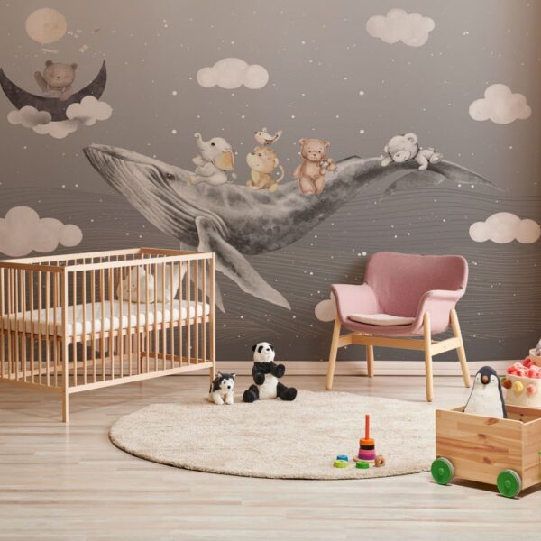 טפט חדר תינוקות חיות רוכבות על לוויתן בשמיים מעוננים