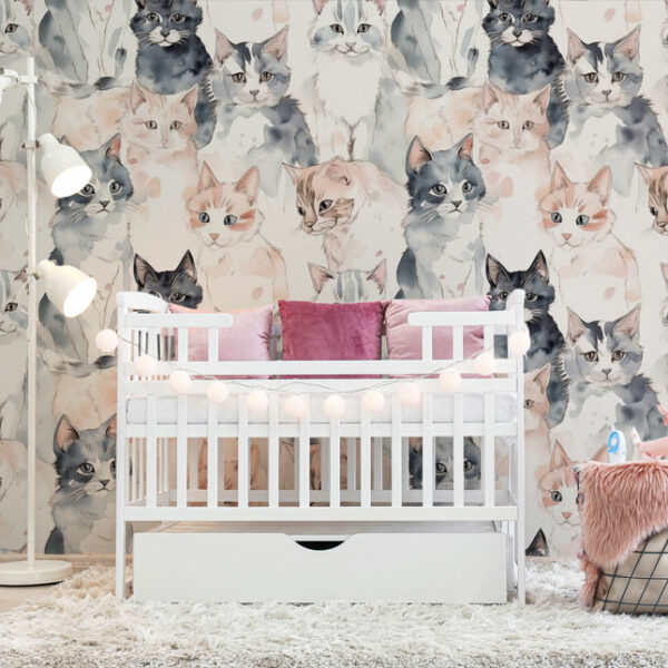 טפט חדר תינוקות חתולים שונים בצבעי מים