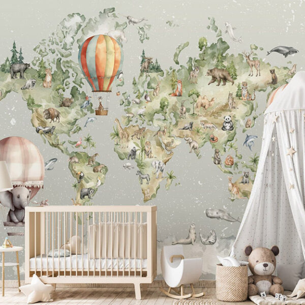 טפט חדר תינוקות מפה עם מגוון חיות ברקע אפור וחיות בכדור פורח