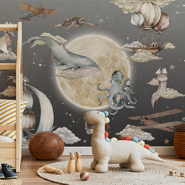 טפט חדר ילדים/תינוקות חיות ים וספינות עפות בשמיים מול ירח זוהר