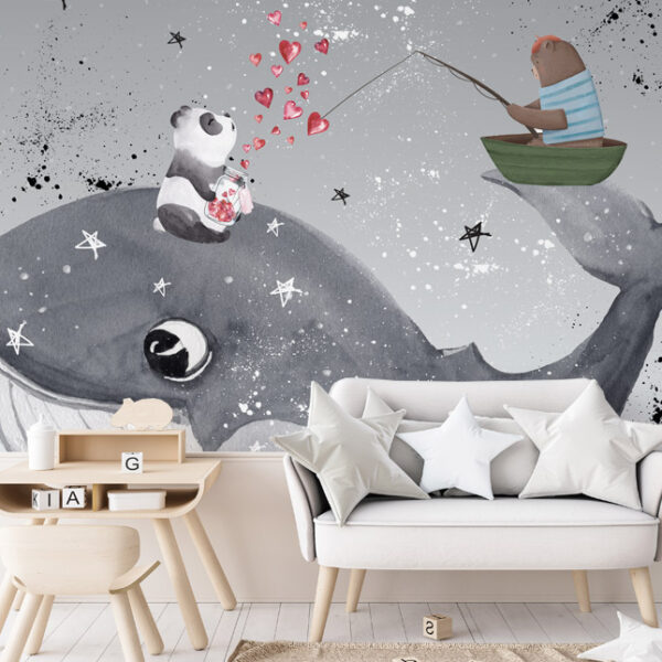 טפט חדר ילדים חיות יושבות על לוויתן, עם צנצנת לבבות וציורי כוכבים ברקע
